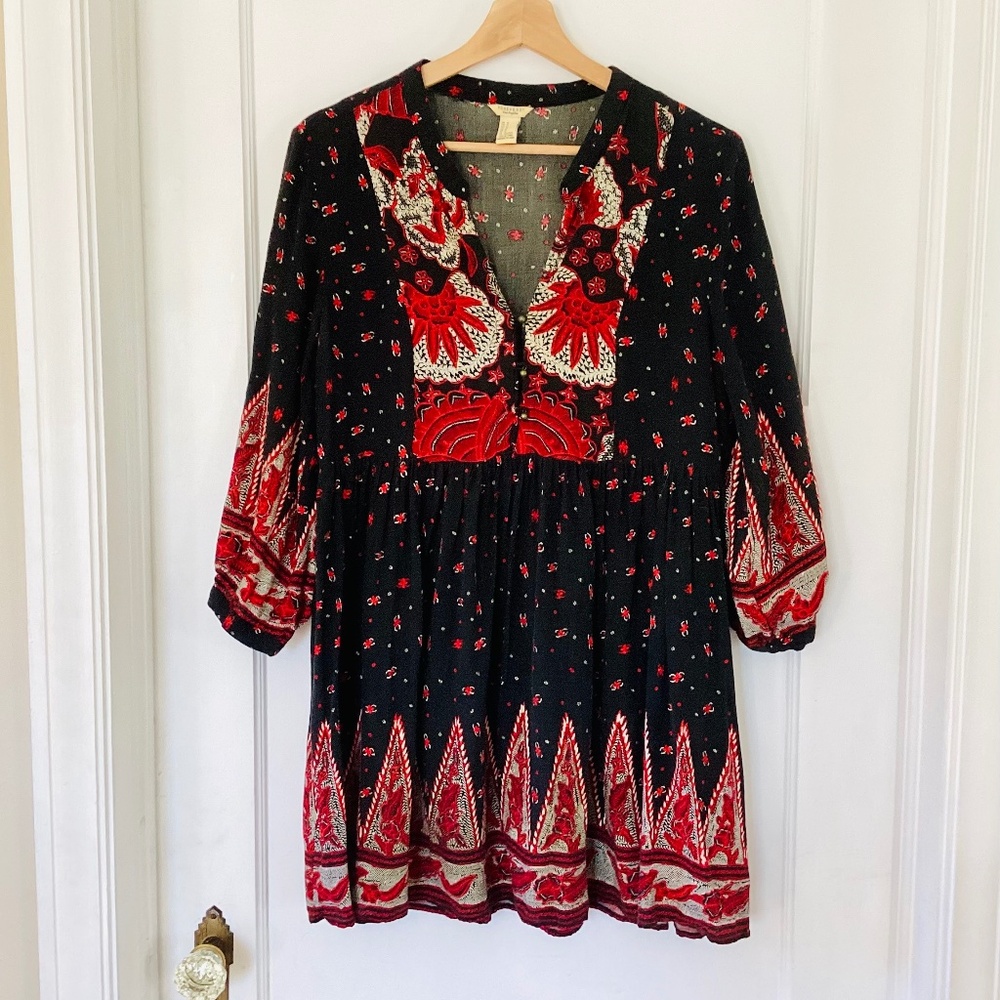 Black Red Floral Boho Gypsy Long Sleeve Mini Dress M Brass Buttons Festival